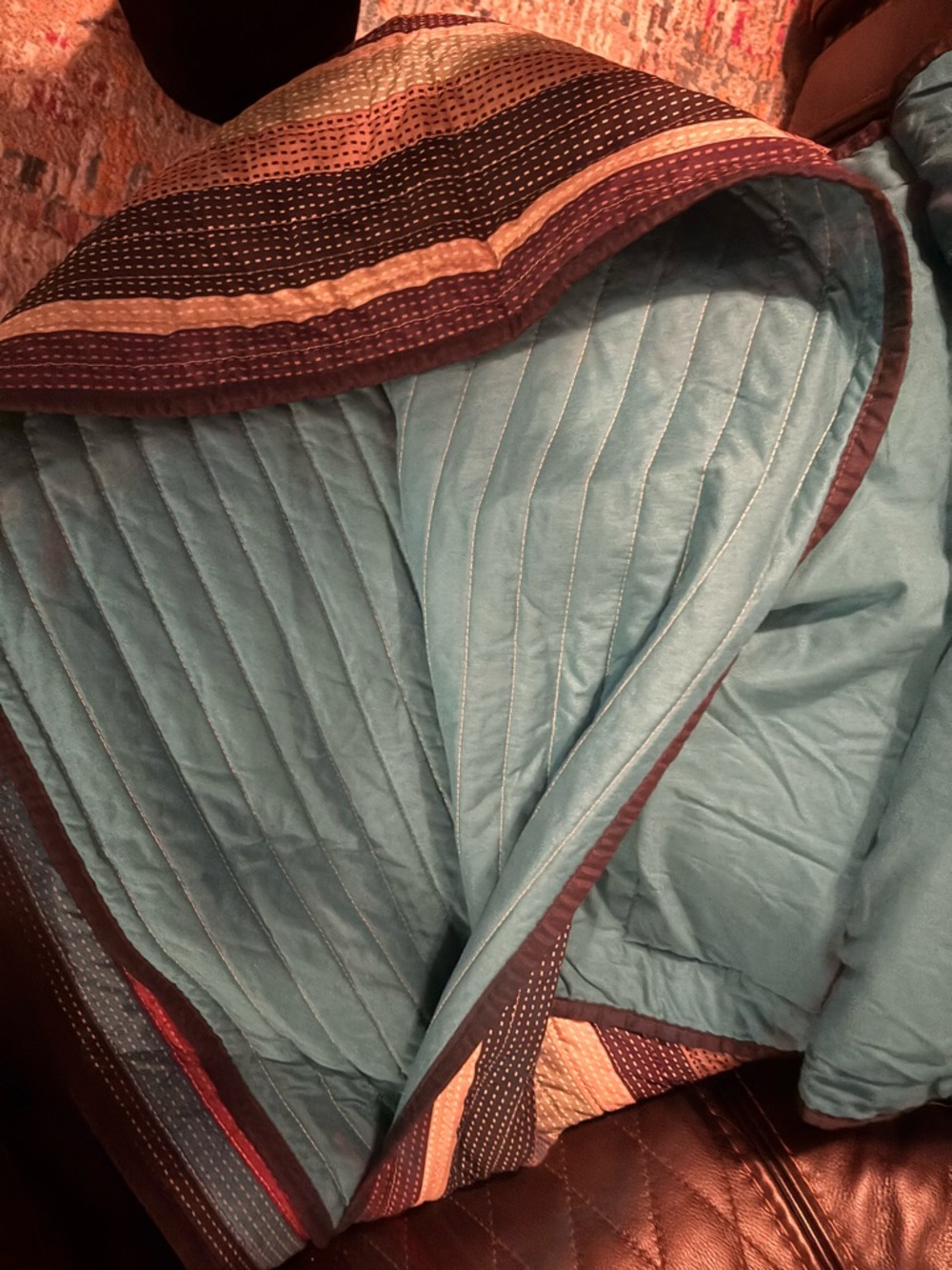 Reversible Quilted Bedspread- Teal with Multicolor Border